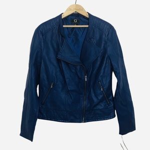 G By Giuliana Blue Moto Jacket Size Large Faux Leather Zip Close